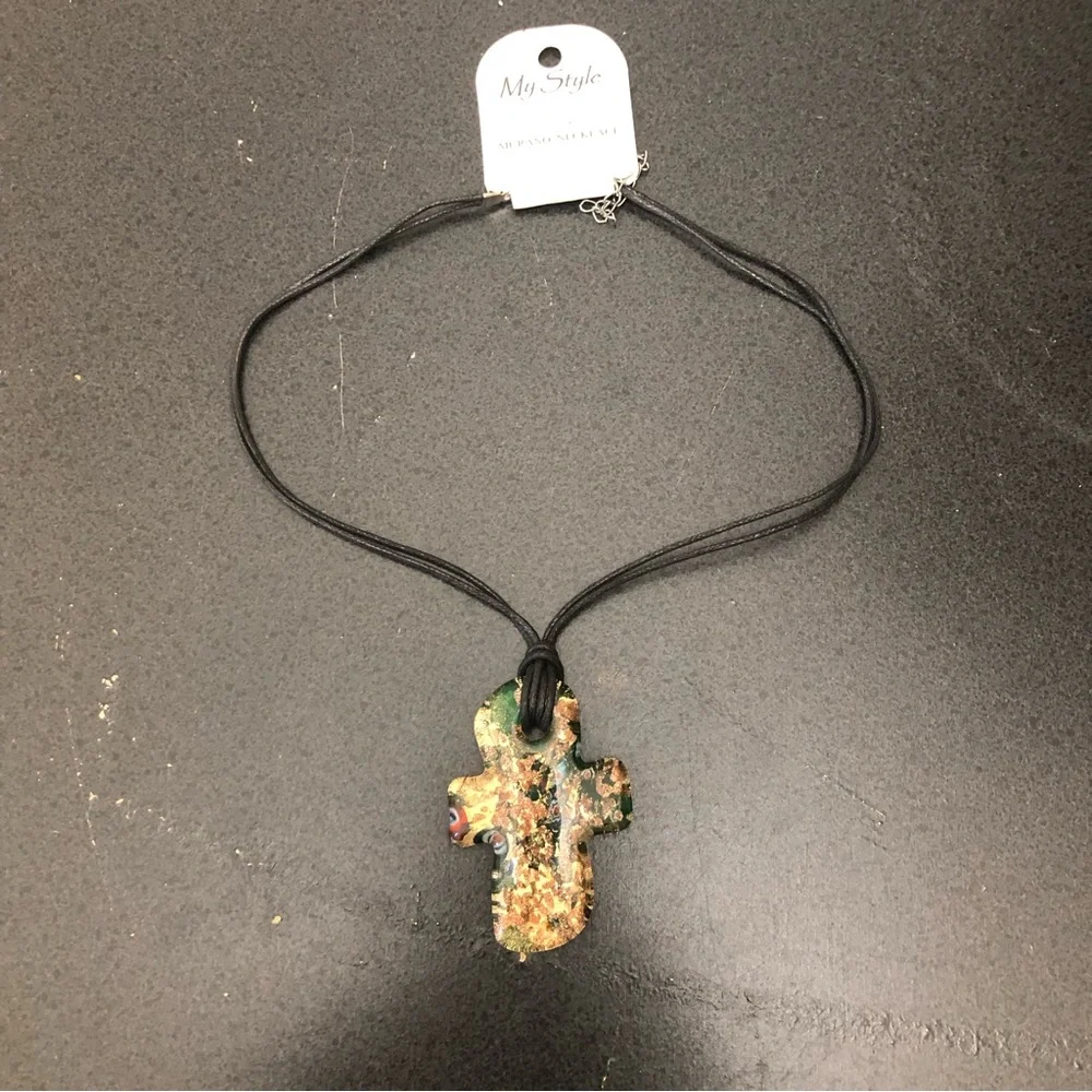 Murano Cross Pendant Necklace with Black Chord Woen's Gold/Green